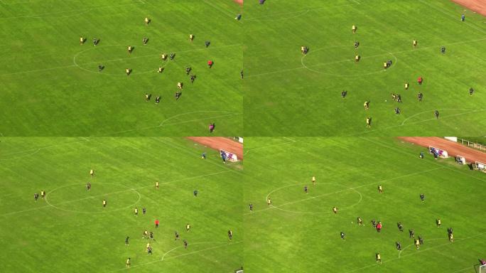 镜头飞过专业人士奔跑、相互竞争的绿色足球场。由具有视差效果的无人机拍摄的足球比赛