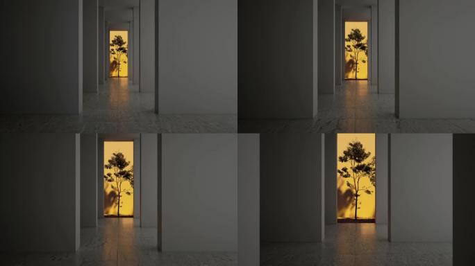走廊内部的位置，在走廊的末端有一个矩形拱门和一棵带有温暖光线的大树。空墙画廊的3d渲染。