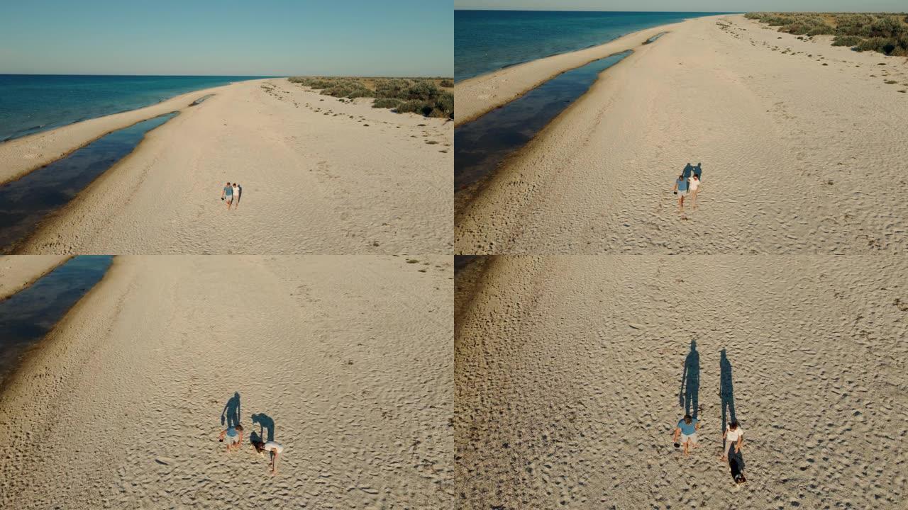 快乐无忧无虑的夫妇与狗威尔士柯基 (welsh corgi) 的无人机的航拍镜头沿着荒岛岸边的沙滩漫