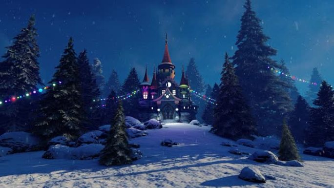 一座美丽的屋顶和塔楼的童话城堡矗立在白雪覆盖的新年公园中