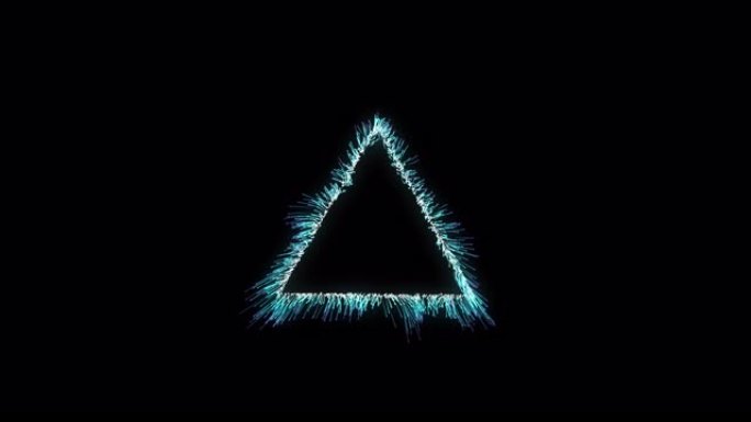 黑色背景上的蓝色框架三角形发射粒子。形成三角形框架或边框的3d粒子和点的线。抽象的节日背景。门框。中