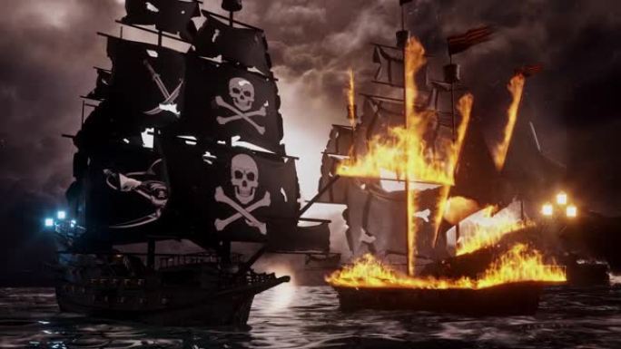 3D快乐罗杰海盗帆船向敌人帆船环风景背景发射大炮