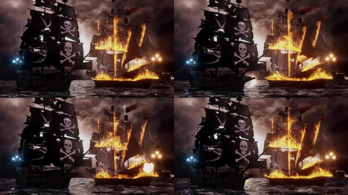 3D快乐罗杰海盗帆船向敌人帆船环风景背景发射大炮