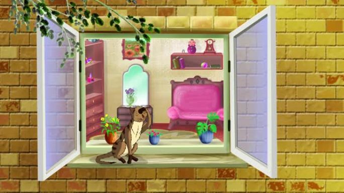 窗口上的红色虎斑猫高清动画