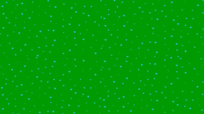 动画蓝心从上到下飞舞。循环视频。绿色背景上孤立的心雨