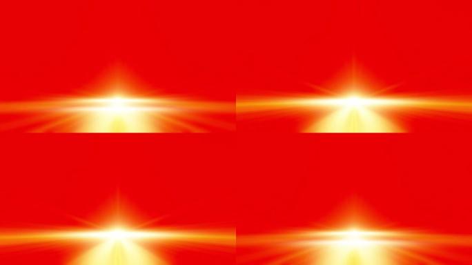 抽象环径向黄光光学耀斑光在红色背景上照射光线。4k 3D渲染无缝循环未来背景。抽象的科幻纹理，闪光移