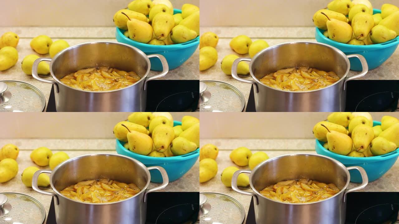 用糖浆煮水果。在家用黄色梨制作果酱