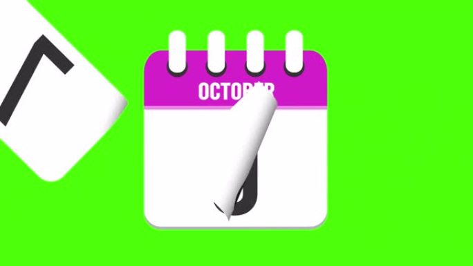 10月12日。日历出现，页面下降到10月12日。绿色背景，色度键 (4k循环)