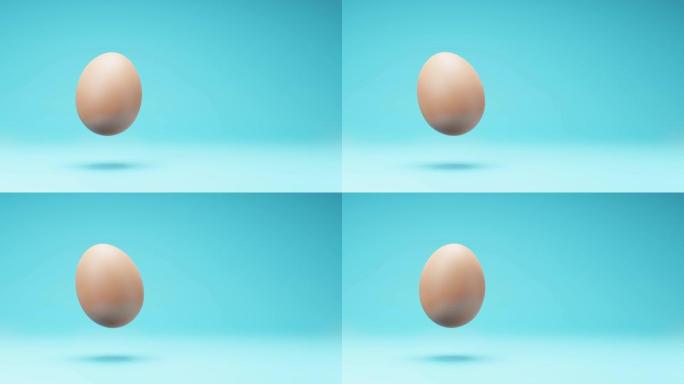一只母鸡的鸡蛋在工作室蓝色背景上旋转