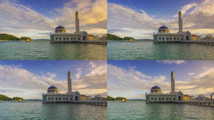 在日出时，邦咯岛美丽的浮动清真寺延时拍摄。潘右效应