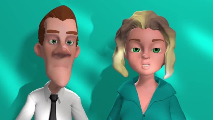 3d动画，蓝色背景上的两个卡通人物，说话的女人