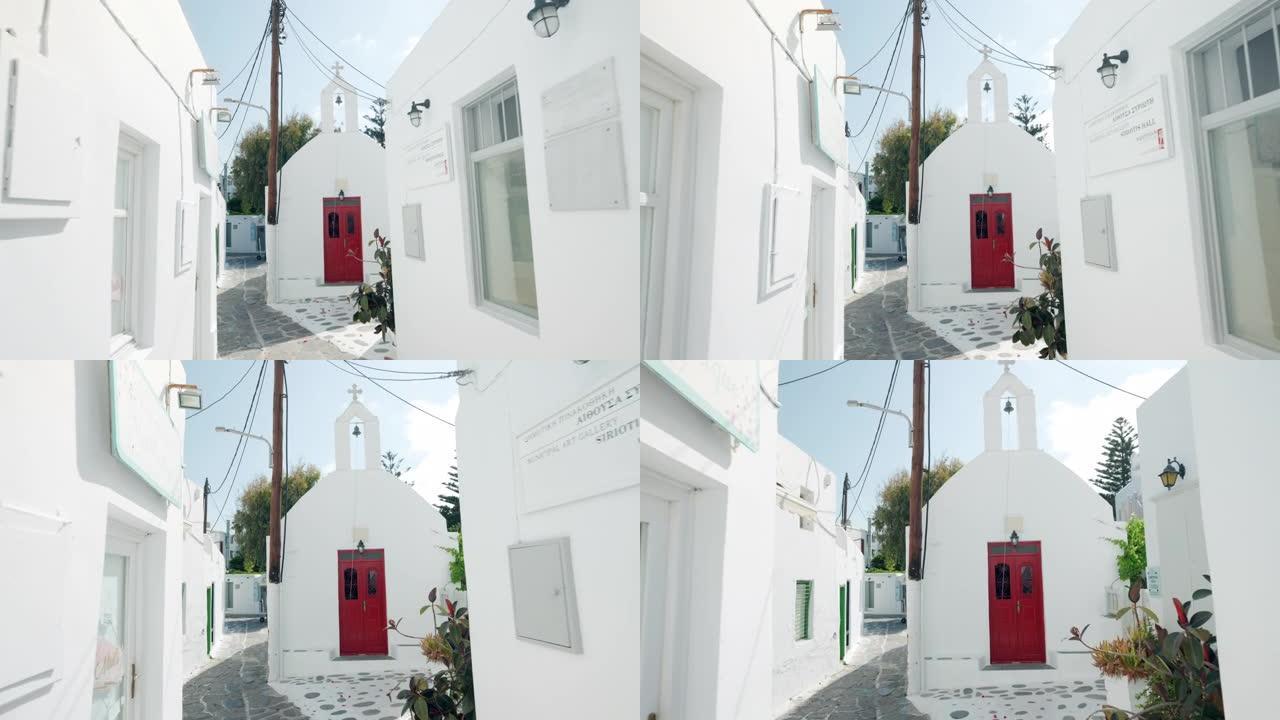 希腊米科诺斯岛一座红门教堂