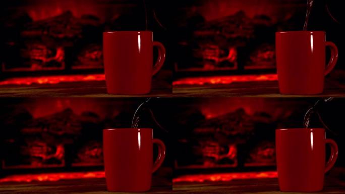 通过燃烧的壁炉将热饮咖啡或茶倒入木板上的红色杯子中。