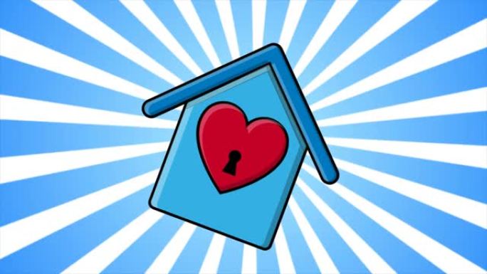 节日的蓝色房子，红色的心象征着情人节的爱，背景是蓝色的光线。摘要背景。高质量4k视频，运动设计