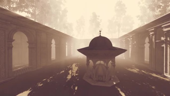 3D清真寺、喷泉穹顶和花园动画