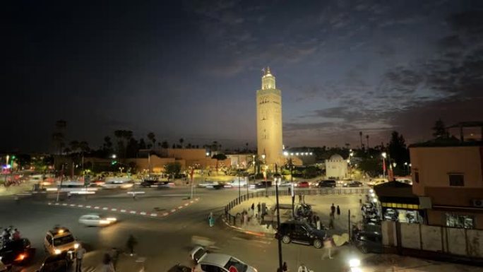 摩洛哥马拉喀什晚上在尖塔德拉库图比亚的延时