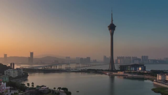 日落天空澳门城市著名的塔湾全景延时4k中国