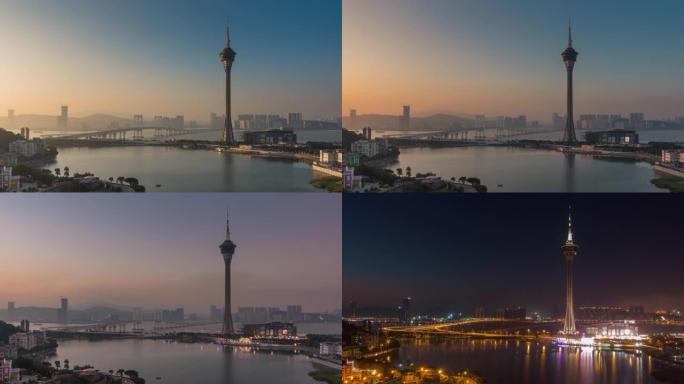 日落天空澳门城市著名的塔湾全景延时4k中国