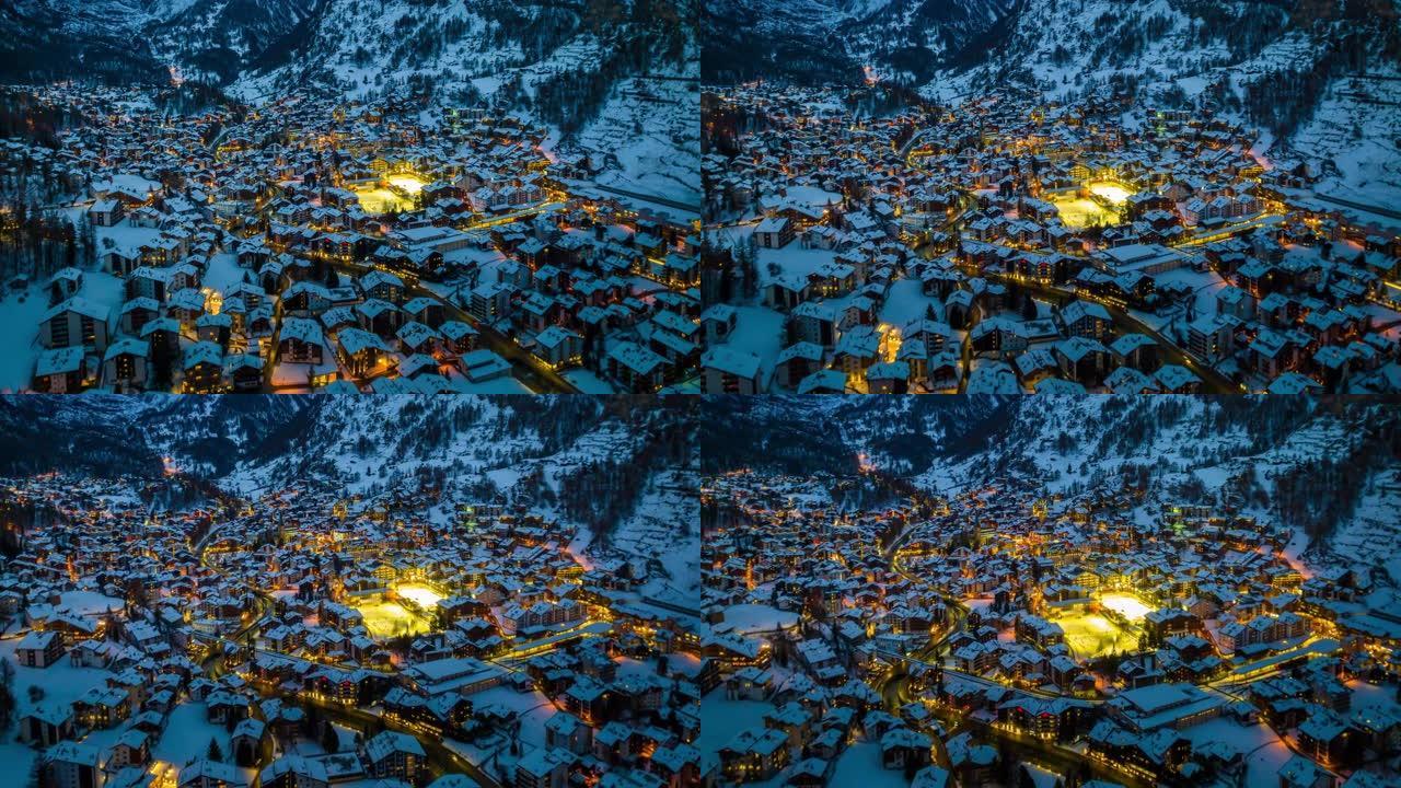 瑞士夜间采尔马特的鸟瞰图。