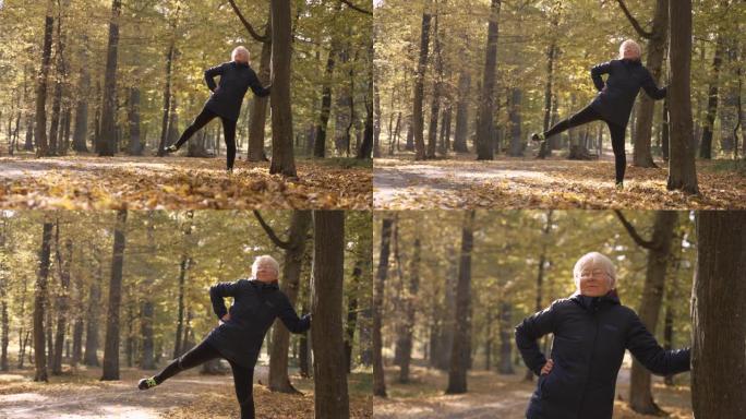 健康的老妇人在大自然中做体育锻炼