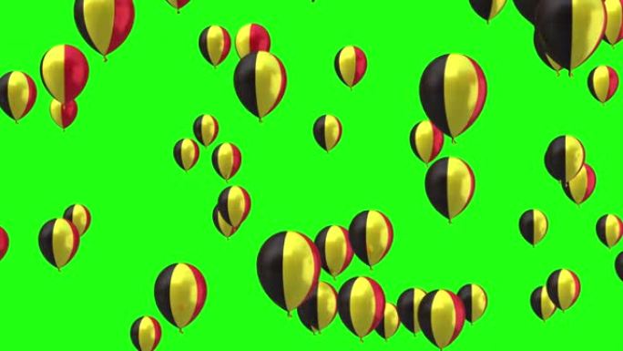 比利时国旗氦气球，从下到上飞行，在绿屏背景上隔离，4k视频元素