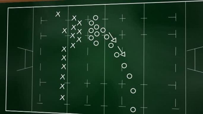 五彩纸屑掉落的动画，黑板背景上橄榄球场上的运动战术