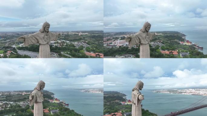 基督国王的圣所。天主教纪念碑，献给俯瞰葡萄牙里斯本的耶稣基督圣心。4k。背景中的4月25日桥