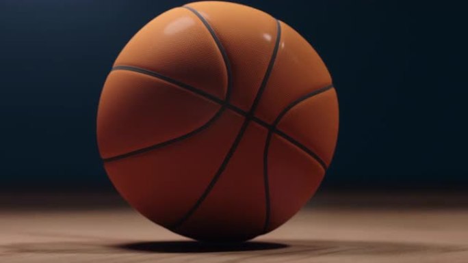 慢动作特写篮球在木地板上滚动聚焦。3D动画。体育理念概念。选择性聚焦。