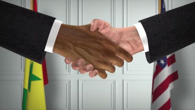 塞内加尔与美国商业伙伴关系协议。国家政府旗帜。官方外交握手说明动画。协议商人握手