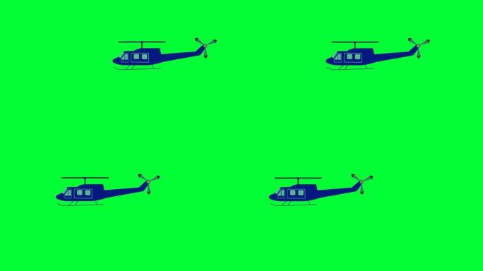 绿屏直升机飞行的2d卡通动画