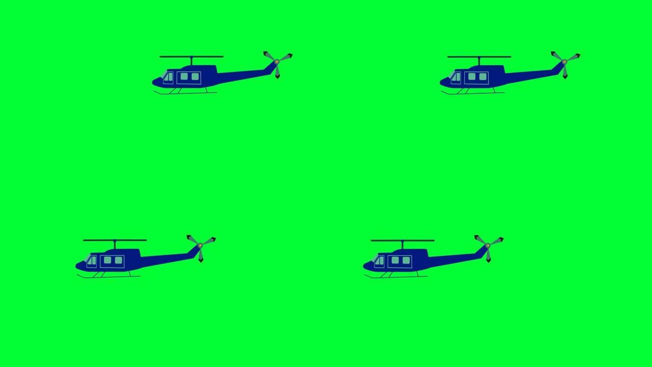 绿屏直升机飞行的2d卡通动画