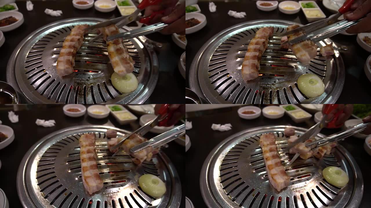 马来西亚吉隆坡韩国餐厅鲜肉烧烤的特写镜头