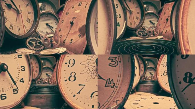 带有备件和破损钟表的复古钟表匠车间