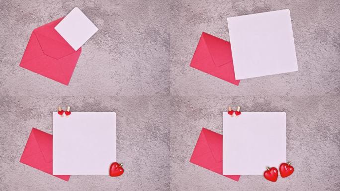 带有复印空间纸的浪漫贺卡从红包和心中出现。停止运动