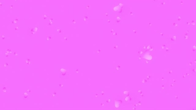 粉色实心背景上从左向右落下的粉色心形。