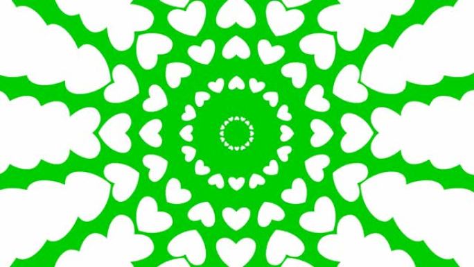 从中心开始动画增加白色心脏圈。循环视频。矢量插图孤立在绿色背景上。