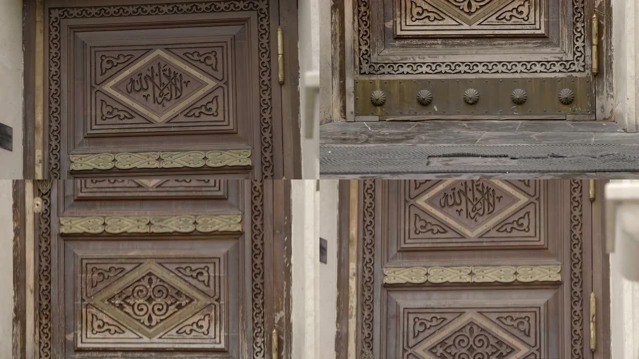 清真寺的木制入口门，装饰着美丽的图案