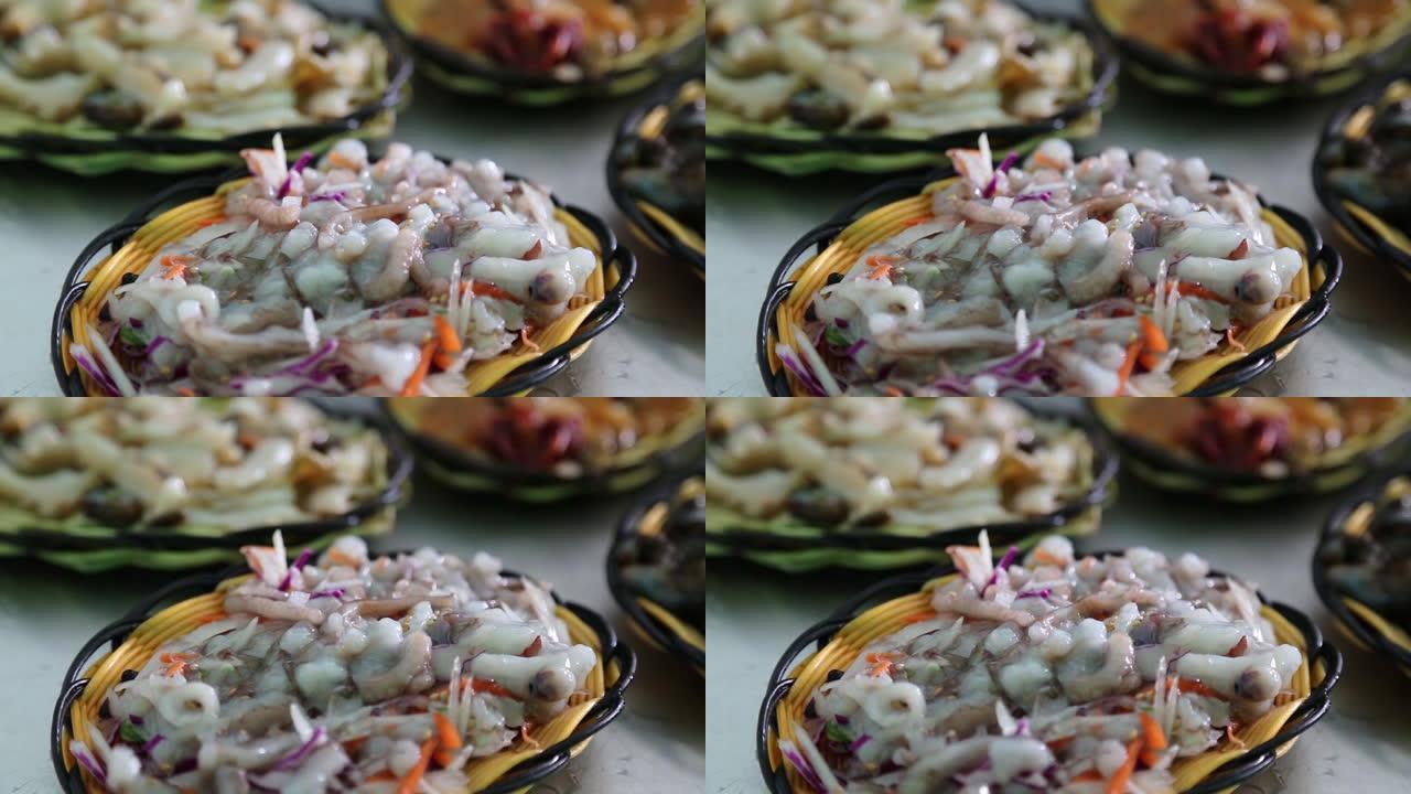 韩国Gijang的一盘美味的传统生海鲜，章鱼的动腿