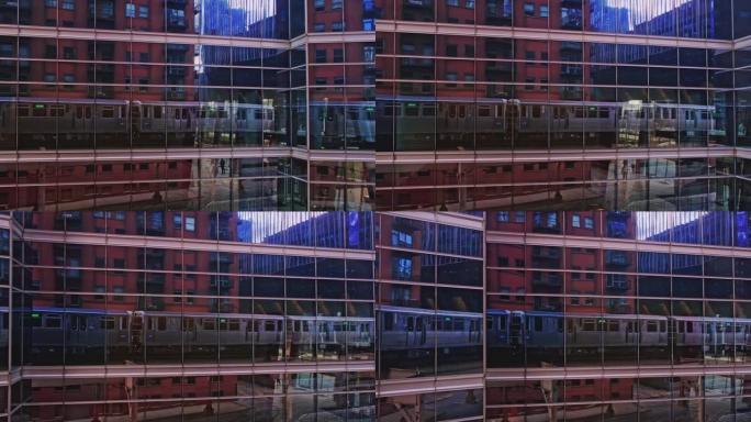 美国伊利诺伊州芝加哥一座金融大楼玻璃窗上行驶的有轨电车的反映