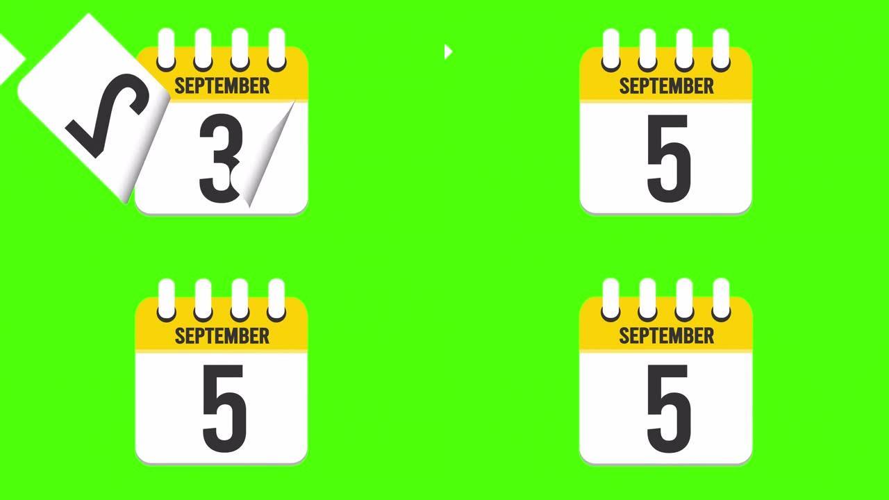 9月5日。日历出现，页面下降到9月5日。绿色背景，色度键 (4k循环)