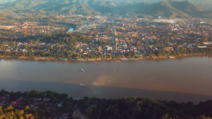 老挝琅勃拉邦的无人机航拍画面。