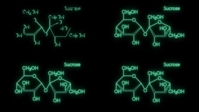 黑色背景上的蔗糖分子结构符号霓虹动画。