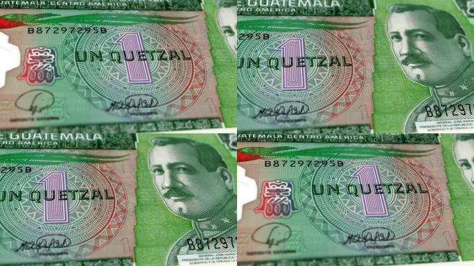 危地马拉格查尔1张纸币，1张危地马拉格查尔，危地马拉格查尔的特写和宏观视图，跟踪和多莉拍摄1张危地马