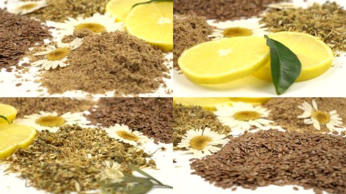 自制天然美容产品: 亚麻籽、干洋甘菊花和柠檬