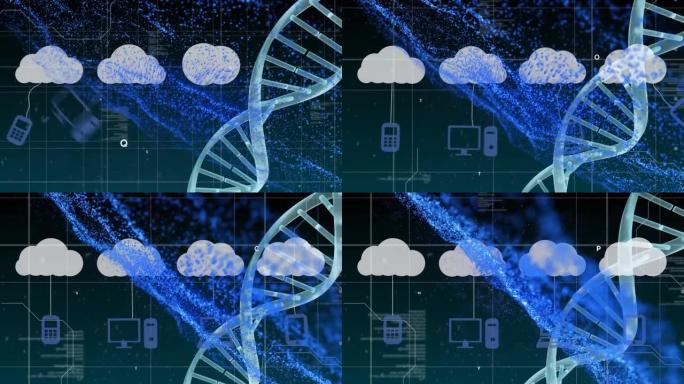 数据处理上的dna链和媒体图标的动画