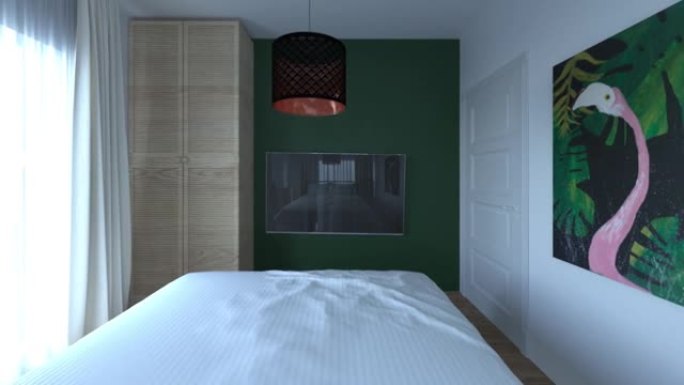 清晨一间小卧室的内部，自然采光极简主义风格-相机通过窗户飞入房间