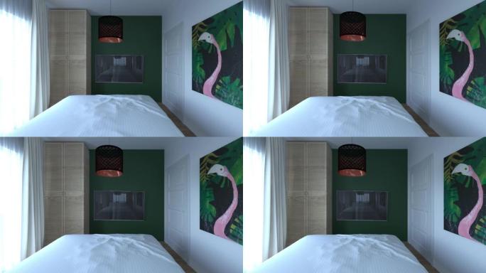 清晨一间小卧室的内部，自然采光极简主义风格-相机通过窗户飞入房间