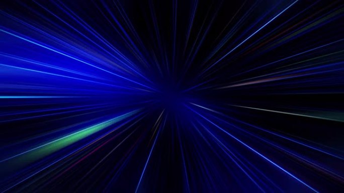 抽象环蓝色七彩照射光与从中心恒星发出的光束径向照射光一起火花。4K 3D分形无缝循环无限复杂发光径向