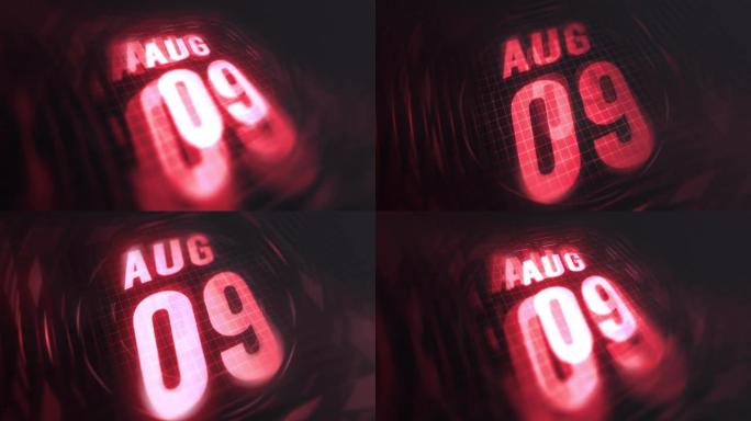 3d运动图形中的8月9日。未来的红外日历和科技发光霓虹灯拍摄，发光二极管纪念等。4k in循环