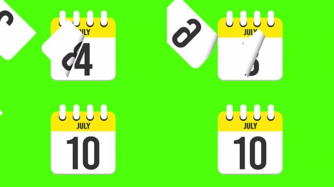 7月10日。日历出现，页面下降到7月10日。绿色背景，色度键 (4k循环)